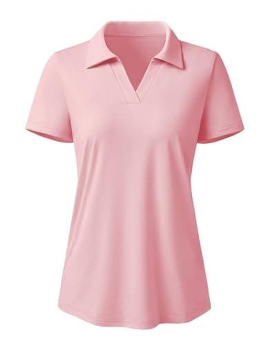 3rd hill Women's Polo Shirts Short Sleeve UPF 50+ Sun Protection V Neck Golf Tennis Collared Work Tops Dry Fit Pink XL