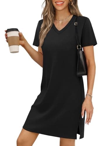 RUMIA Women's Dresses T-Shirt Black Dress V-Neck Short Sleeve Split Hem Beach Sundress Small - Image 1