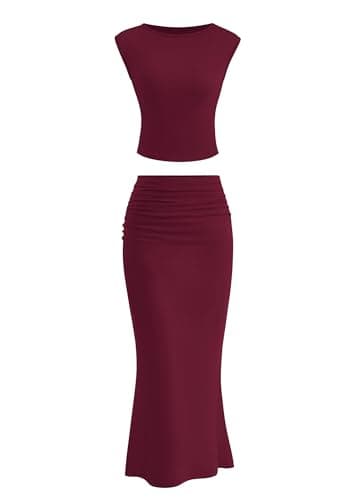 PRETTYGARDEN Skirt Sets Women 2 Piece Outfits Summer Outfits 2026 Going Out Crop Tops Long Maxi Skirts Beach Vacation Clothes(Wine Red,XX-Large) - Image 1