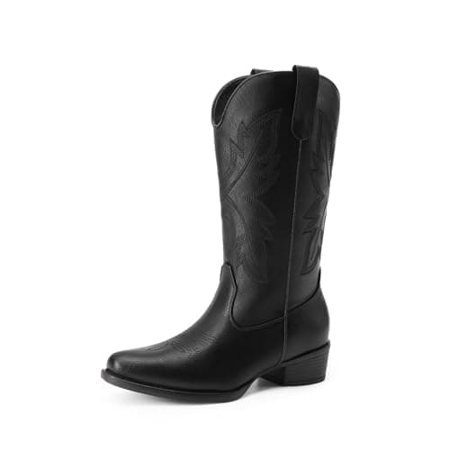 DREAM PAIRS Cowboy Boots for Women Cowgirl Western Mid Calf Boots Snip Toe Embroidered Stitched Low Chunky Heel Pull On Fashion Boots,Size 8.5,Black,SDMB25005W-2 - Image 1