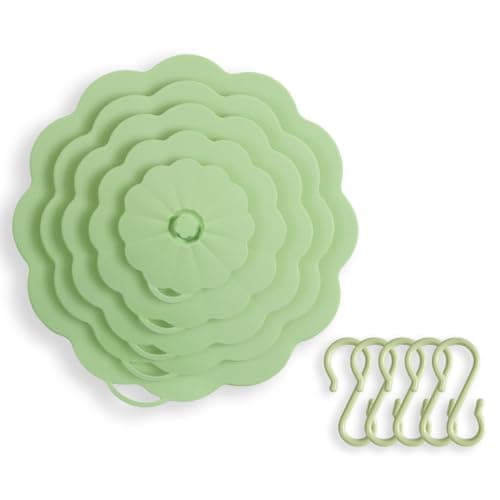 Silicone Lids for Food Storage – Set of 5 Food Grade Covers with 5 Hooks for Pots and Pans Cooking, Reusable Kitchen Heat-Resistant Tops for Containers, Microwave Splatter Cover(Green) - Image 1
