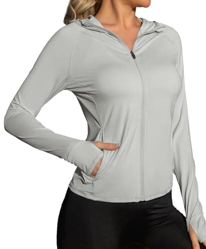 We1Fit Women's Lightweight UPF 50+ Sun Protection Shirt Hoodie Long Sleeve Hiking Outdoor Camping Jacket Grey - Image 1