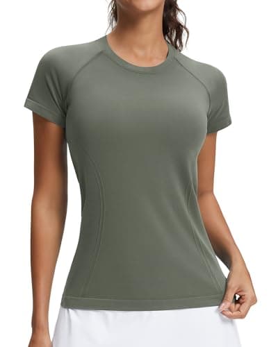 Stelle Women Seamless Workout Shirts Short Sleeve Athletic Top Yoga Gym Running T-Shirts(Sage Green,L) - Image 1
