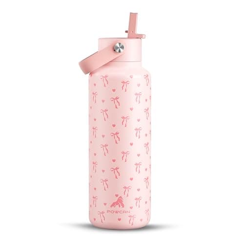 POWCAN 18 oz Insulated Water Bottle: Leakproof, Cup Holder Friendly, Standard Mouth, Top Handle, Double Walled Stainless Steel Water Bottle for Girl, Student, School, Bag, Camping (Sweetheart Bow)