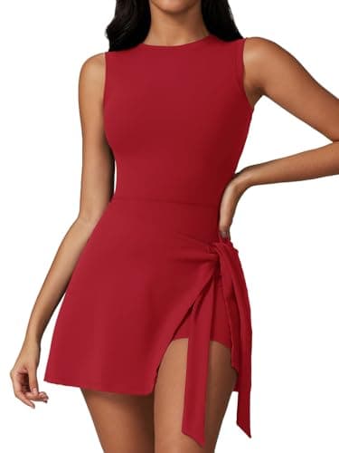 Dokuritu Tennis Dresses for Women Sleeveless Crew Neck Knot Romper Built in Shorts U-Shaped Back Workout Athletic Dress Red - Image 1