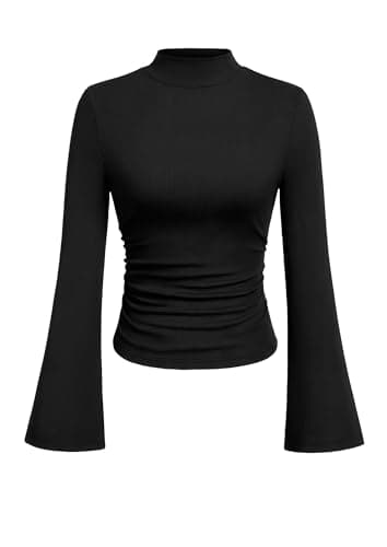 PRETTYGARDEN Womens Long Sleeve Shirts 2026 Fall Bell Sleeve Mock Turtleneck Ribbed Going Out Tops Casual Ruched Y2K Clothes (Black,X-Small) - Image 1