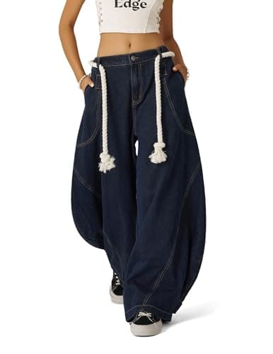 Aelfric Eden Super Baggy Barrel Jeans Wide Leg Jeans Unisex Casual Drawstring Elastic Waist Denim Pants Trouser Blue - Image 1