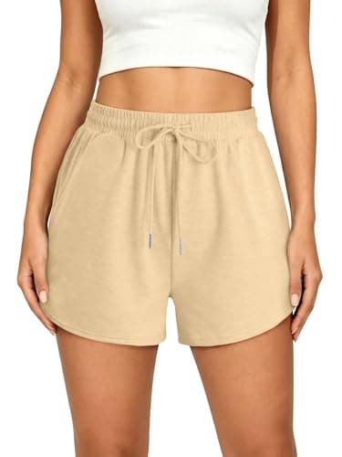 KISSMODA Women's Casual Sweat Shorts Elastic High Waist Drawstring Workout Shorts with Pockets Soft Athletic Lounge Running Gym Yoga Short Pants for Daily Wear BeigeYellow S - Image 1