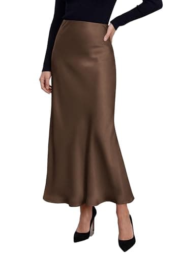 PRETTYGARDEN Women's 2026 Fall Fashion Maxi Long Skirts Trendy Silk Satin High Waisted A Line Mermaid Business Casual Outfits (Brown,X-Large) - Image 1