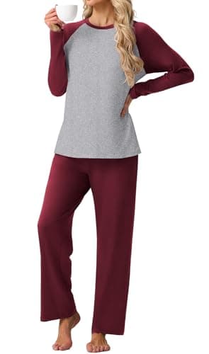 PrinStory Women's Pajamas Set Sleepwear Pjs loose-fit Long Sleeve Crewneck Shirts and Pant Soft Comfy Sleep Sets Wine Red S - Image 1