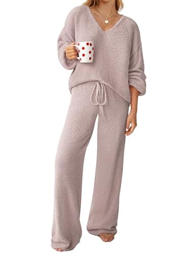 GKBK Womens 2 Piece Outfits Knit Sweater Sets Fuzzy Fleece Long Sleeve Top Wide Leg Pants Loungewear Matching Lounge Set 2026 Fall Winter Fashion Clothes Light Pink XL - Image 1