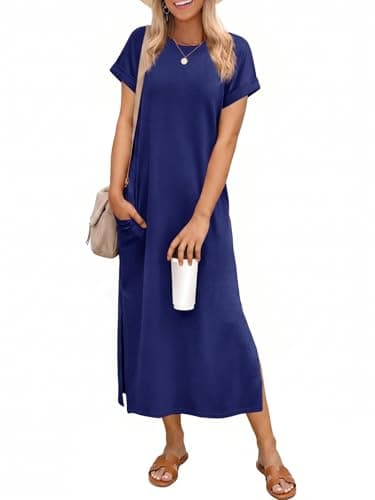 Wenrine Womens Summer Short Sleeve Maxi Dress Casual Loose Sundress Split Vacation Beach Long T Shirt Dress with Pockets A-Navy - Image 1
