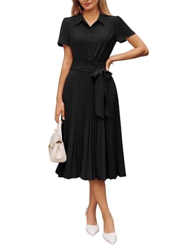GRACE KARIN Women's 2026 Summer Midi Work Dress Short Sleeve Button Shirt Dresses A Line Pleated Belt Business Casual Dresses Black S - Image 1