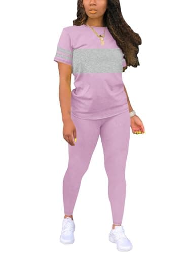 Hakubeby Two Piece Sets for Women Summer Short Sleeve Striped Crewneck Slim Fit Active Casual Sweatsuits Pruple XX-Large - Image 1