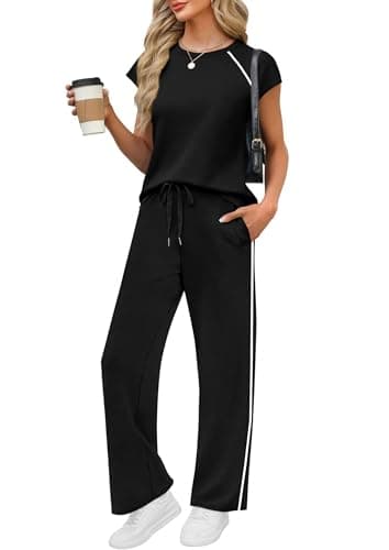 PRETTYGARDEN Two Piece Sets for Women 2026 Summer Vacation Outfits Cap Sleeve Tops Lounge Pants Matching Set Fashion Clothing (Black,Medium) - Image 1