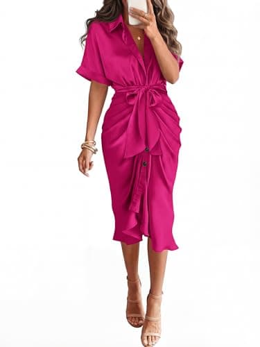 BTFBM Dresses for Women Summer Button Short Sleeve Silk Satin Ruched Spring Maxi Dress 2026 Cocktail Party Wedding(Rose Red, Medium) - Image 1
