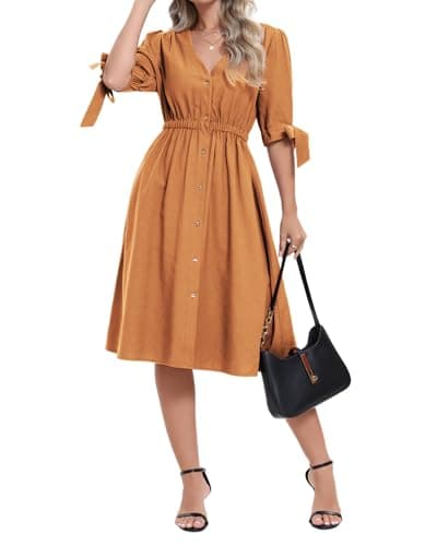 Women Linen Rayon Blend Midi V Neck Button Front Puff Sleeve Tie Casual Summer A Line Dress with Pocket Ladies Empire Waist Caramel Burnt Orange Rust Brown Vocation Holiday Dresses for Seniors - Image 1