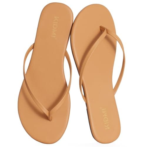 KIDMI Thong Flip Flops for Women - Memory Foam Summer Beach Sandals for Women - Vegan Leather Flat Sandals, Tan EU 39 - Image 1