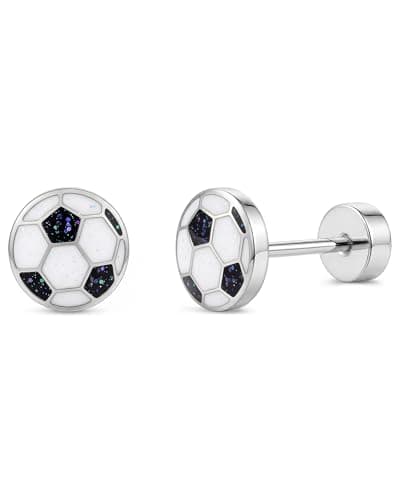 MHWTTY Soccer Stud Earrings,Hypoallergenic 18K Gold Plated Stainless Steel Flat Back Screw on Heart Sports Earrings for Women,Soccer Fan Soccer Mom Jewelry Gift for Sport Day Daily Wear (Silver, Round) - Image 1