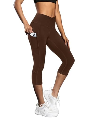 Fihapyli ICTIVE Women's Capris Yoga Pants with Pockets Crossover High Waisted Fitness Running Leggings Coffee XL