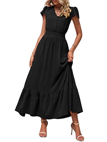 PRETTYGARDEN Womens 2026 Spring Swiss Dot Maxi Dress Short Sleeve V Neck Smocked Waist Ruffle Tiered Flowy Long Party Dresses(Black, Large) - Image 1