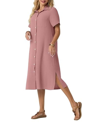 HiMONE Women’s Loose Fit Shirt Dress Casual Button Down Midi Dress Short Sleeve Collared Summer Dress with Side Slits Pocket - Image 1