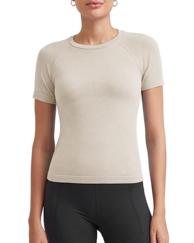 Promover Short Sleeve Shirts for Women Lightweight Seamless Sweater Stretchy Casual Breathable Pullover Crew Neck Workout Tshirt (Beige,XL) - Image 1