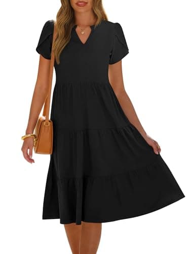 ANRABESS Womens Summer Causal Dresses V Neck Short Sleeve Midi Dress 2026 Flowy Tiered Boho Beach Sundress Vacation Outfits Black M - Image 1