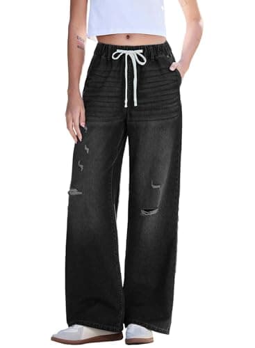 Dokotoo Wide Leg Jeans for Women Casual Trendy Mid Rise Stretchy Straight Leg Ripped Baggy Pants Black Jeans Womens Drawstring Denim Pants with Pockets - Image 1