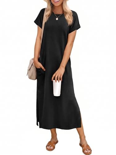 Wenrine Womens Summer Short Sleeve Maxi Dress Casual Loose Sundress Split Vacation Beach Long T Shirt Dress with Pockets A-Black - Image 1