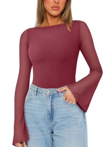 REORIA Women's Fashion Sexy Boat Neck Classy Bell Sleeve Double Lined Sheer Mesh Cute Night Out Bodysuit Tops For Party Burdundy XX-Large - Image 1