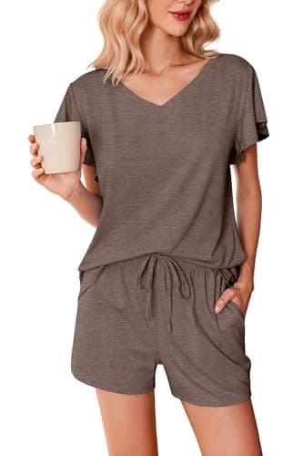 Ekouaer Women's Pajamas Set Ruffle Sleeves Sleepwear V Neck Comfy 2 Piece Pjs Loungewear Set,Medium,Brown,1 - Image 1
