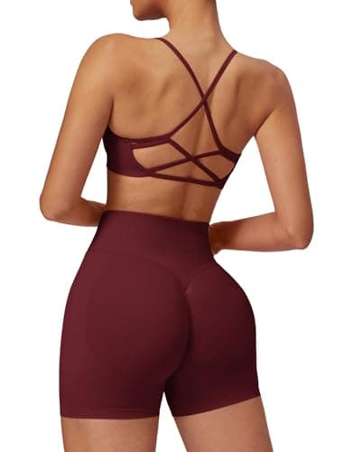 2 Piece Seamless Athletic Sets for Women Criss Cross Sports Bra High Waisted Lifting Shorts Gym Yoga Activewear Wine Red M - Image 1