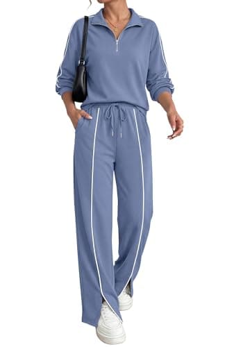 BTFBM Two Piece Sets for Women Fall Fashion 2026 Long Sleeve Half Zip Lounge Set Wide Leg Pants Vacation Airport Outfits (Grey Blue,Small) - Image 1