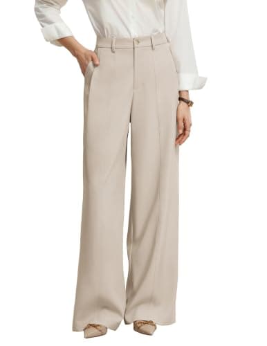 GRACE KARIN Cream Pants for Women Petite Wide Leg Pants Slacks High Waisted Button Pleated Business Trousers M - Image 1