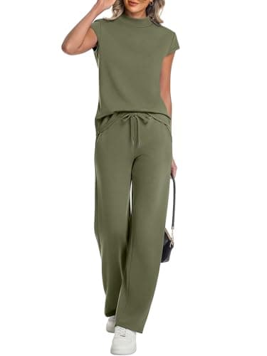 Casly Lamiit Lounge Set for Women Vacation Outfits Mock Neck Cap Sleeve Tops Wide Leg Pant Sets with Pockets Summer Beach Outfits Army Green S - Image 1