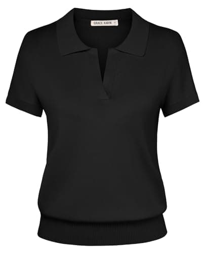GRACE KARIN Women's Summer Short Sleeve Sweaters, V Neck Knit Tops, Business Casual Loose Polo Shirts Black S - Image 1