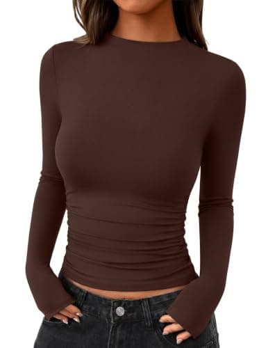 REORIA Women 2026 Soft Stretch Mock Neck Ruched Double Lined Top Coffee XS - Image 1