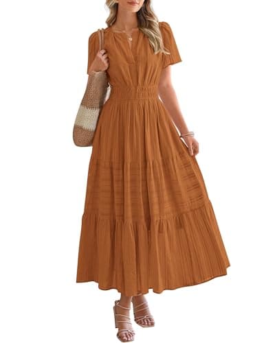 BTFBM Womens Summer 2026 Casual Midi Maxi Dresses Lightweight Short Sleeve V Neck Elastic Waist Boho Beach Dress Pockets(Brown Orange, Large) - Image 1