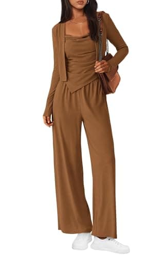 BTFBM Women's Fall Lounge Sets 3 Piece Outfit Tracksuits Casual Long Sleeve Tops High Waisted Sweatpants Set(Khaki,Medium) - Image 1