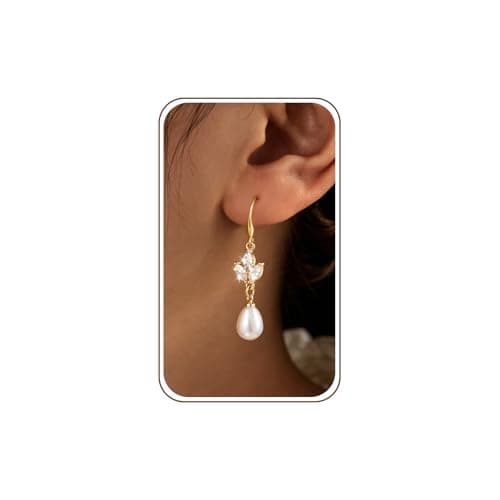 POAIIU Gold Pearl Earrings for Women, Pearl Drop Earrings 14K Plated CZ Cluster Hook, Dangle Bridesmaid Earring Tarnish Resistant - Image 1