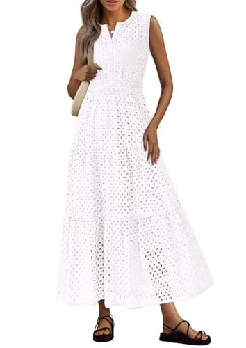 PRETTYGARDEN Womens 2026 Summer Maxi Dresses Sleeveless Sundresses V Neck Eyelet A Line Long Flowy Spring Wedding Guest Dress (White,Small) - Image 1