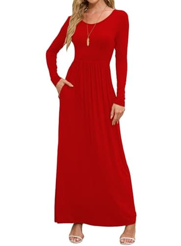 DEARCASE Maxi Dress for Women Red Small Crewneck Long Sleeves Wedding Guest A-line Plain Casual Empire Waist Flowy Party Vintage Spring Fall Winter Floor Dresses with Pocket - Image 1