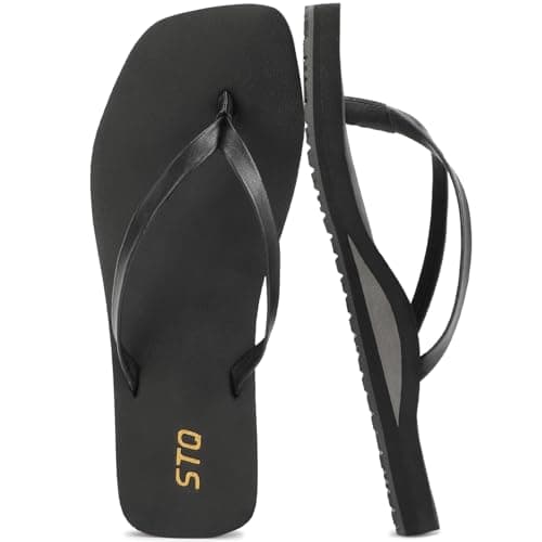 STQ Flip Flops for Women Square Toe Arch Support Orthopedic Summer Beach Plantar Fasciitis Sandals All Black Size 7 - Image 1