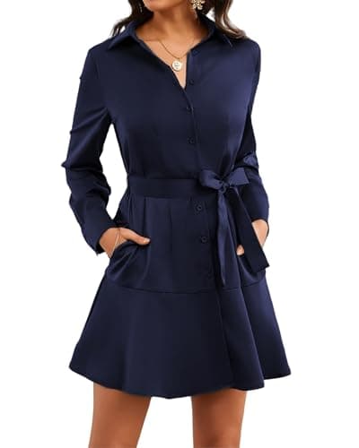 Women Long Sleeve Casual Satin Button Up Down Front Midi Belt Shift Collar Shirt Dress with Pocket Ladies Navy Blue Work Office Business Holiday Vocation Ruffle Hem Dresses - Image 1