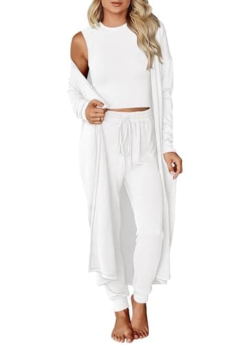 KIRUNDO 3 Piece Lounge Sets for Women Airport Travel Vacation Outfits 2026 Fall Cardigan Matching Sleeveless Top Jogger Pants(White, XX-Large) - Image 1