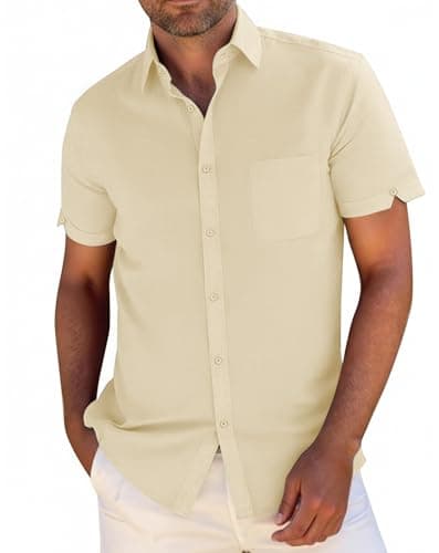 JEKAOYI Button Down Linen Shirts for Men Short Sleeves Cotton Casual Shirt with Pockets for Summer Beach Apricot - Image 1