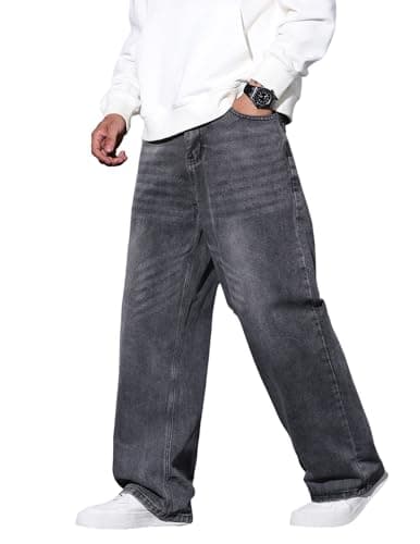 QGRSWBC Baggy Hip Hop Jeans for Men Wide Leg Skater Denim Pants Casual Loose Fit Long Trousers Grey - Image 1