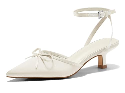Coutgo Satin Kitten Low Heels with Bow Closed Pointed Toe Short Pumps Dress Wedding Party Shoes, Beige, Size 7.5