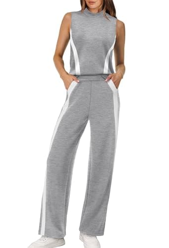 XIEERDUO Lounge Sets for Women Trendy 2 Piece Summer Outfits Beach Vacation Clothes Luxury Fashion Matching Set Travel Mock Neck Wide Leg Pants Grey XXL - Image 1